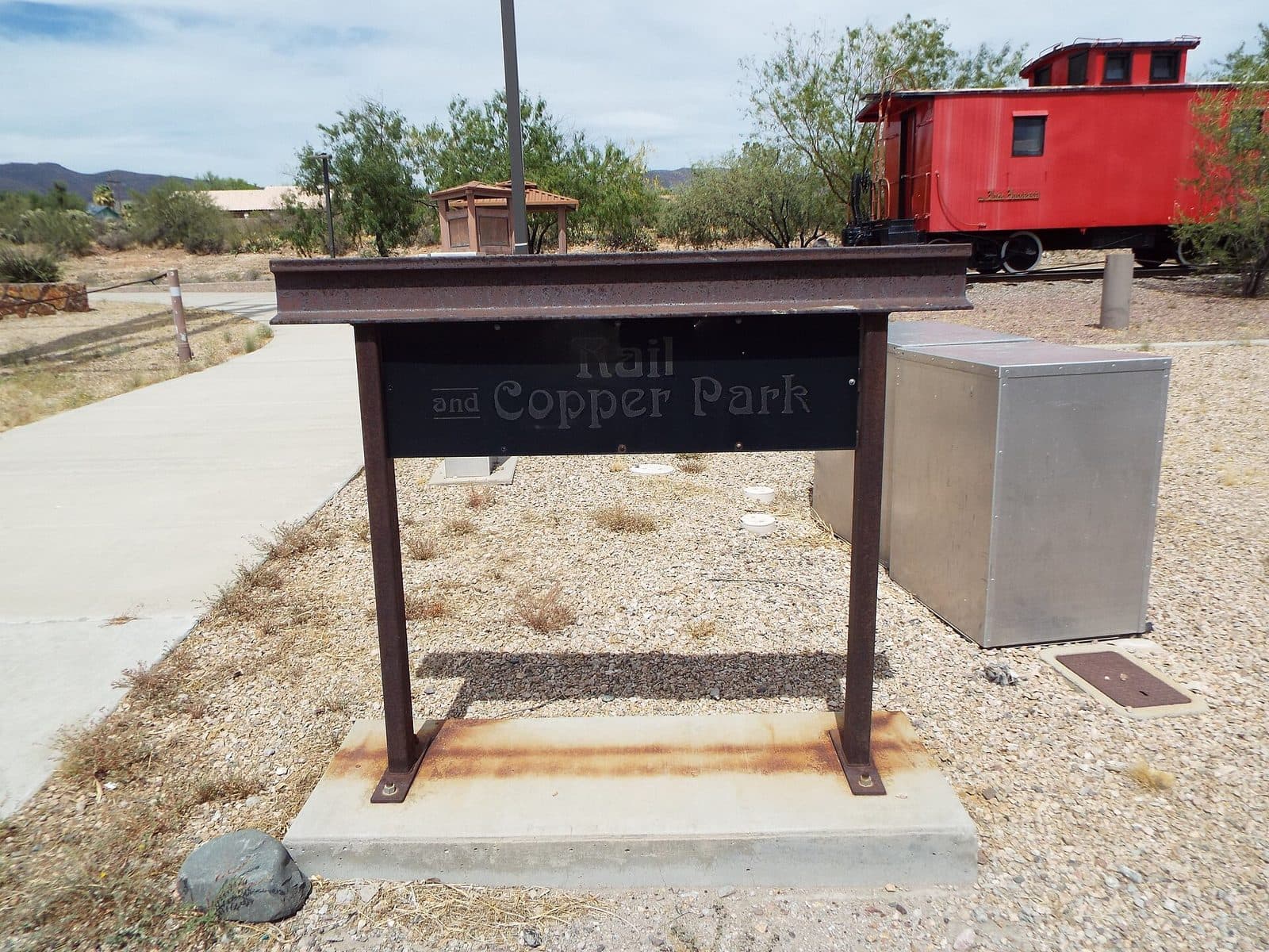 Rail and Copper Park with a red caboose in Kearny, AZ